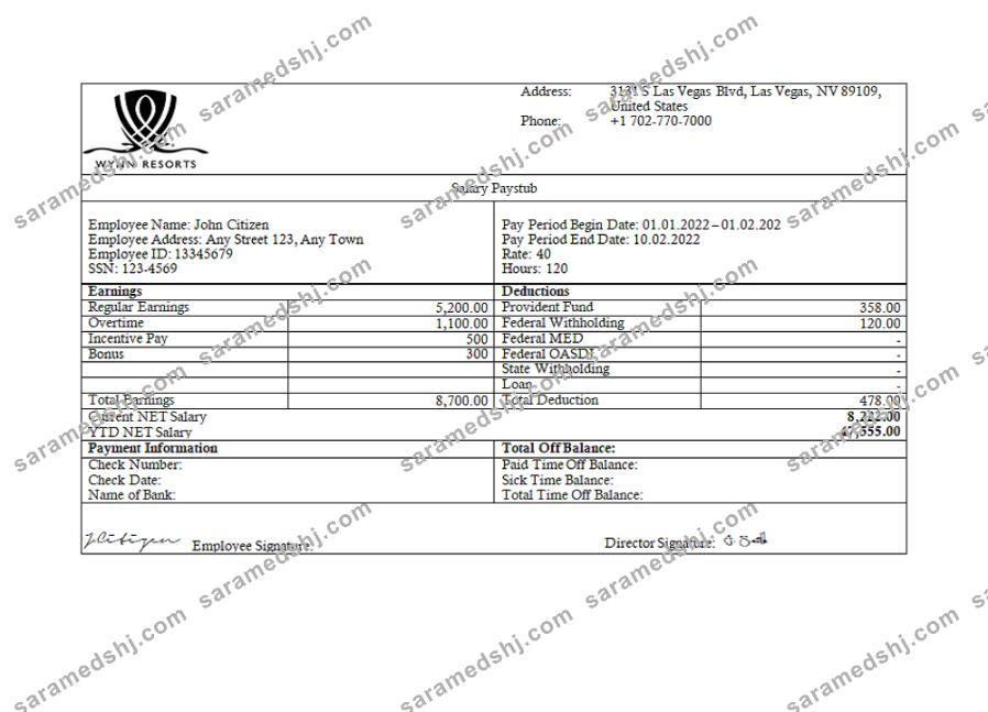 USA Wynn Resorts hospitality company pay stub
